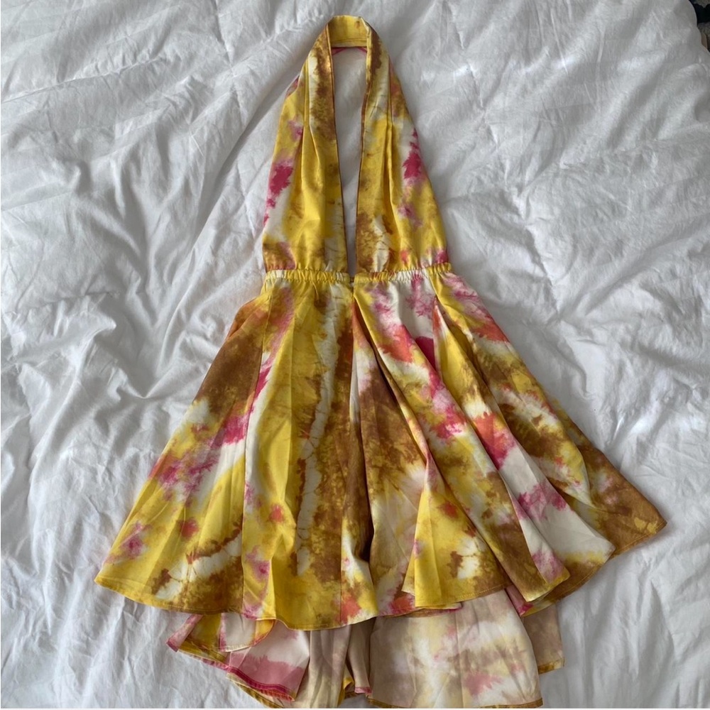 Yellow & Pink Tie-Dye Halter Dress With Open Back